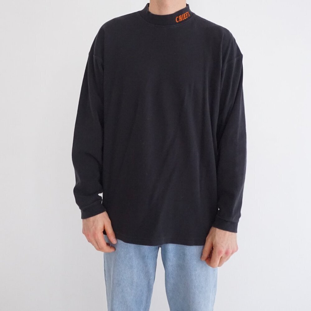 Vintage 90s' Lawtex Black Chiefs Mock Neck Embroidered Cotton Shirt Large